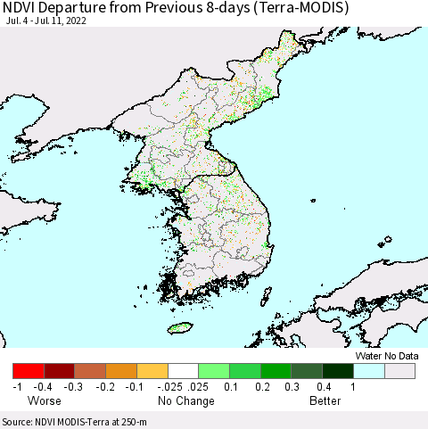 Korea NDVI Departure from Previous 8-days (Terra-MODIS) Thematic Map For 7/4/2022 - 7/11/2022