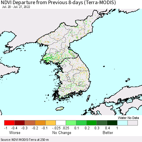 Korea NDVI Departure from Previous 8-days (Terra-MODIS) Thematic Map For 7/20/2022 - 7/27/2022