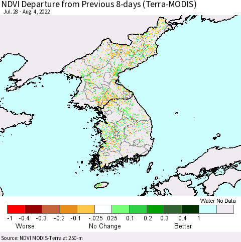 Korea NDVI Departure from Previous 8-days (Terra-MODIS) Thematic Map For 7/28/2022 - 8/4/2022