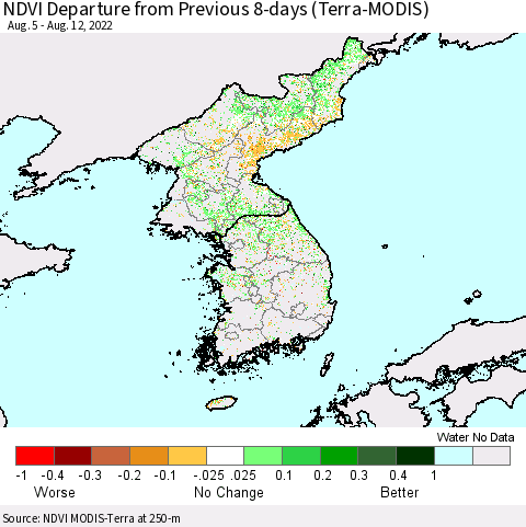 Korea NDVI Departure from Previous 8-days (Terra-MODIS) Thematic Map For 8/5/2022 - 8/12/2022