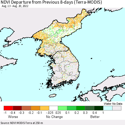 Korea NDVI Departure from Previous Dekad (Terra-MODIS) Thematic Map For 8/11/2022 - 8/20/2022