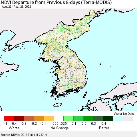 Korea NDVI Departure from Previous 8-days (Terra-MODIS) Thematic Map For 8/21/2022 - 8/28/2022