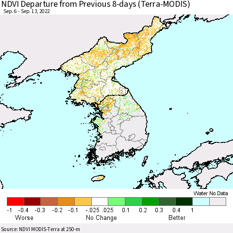Korea NDVI Departure from Previous 8-days (Terra-MODIS) Thematic Map For 9/6/2022 - 9/13/2022