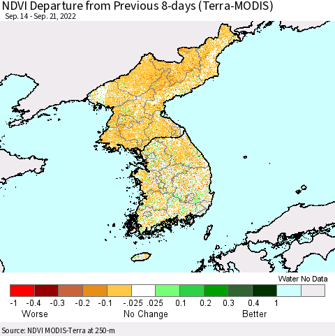 Korea NDVI Departure from Previous 8-days (Terra-MODIS) Thematic Map For 9/14/2022 - 9/21/2022