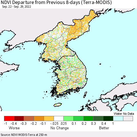 Korea NDVI Departure from Previous 8-days (Terra-MODIS) Thematic Map For 9/22/2022 - 9/29/2022