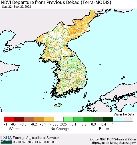 Korea NDVI Departure from Previous Dekad (Terra-MODIS) Thematic Map For 9/21/2022 - 9/30/2022