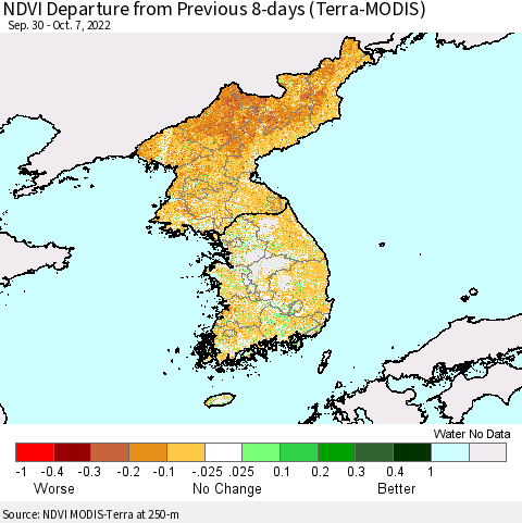 Korea NDVI Departure from Previous 8-days (Terra-MODIS) Thematic Map For 9/30/2022 - 10/7/2022