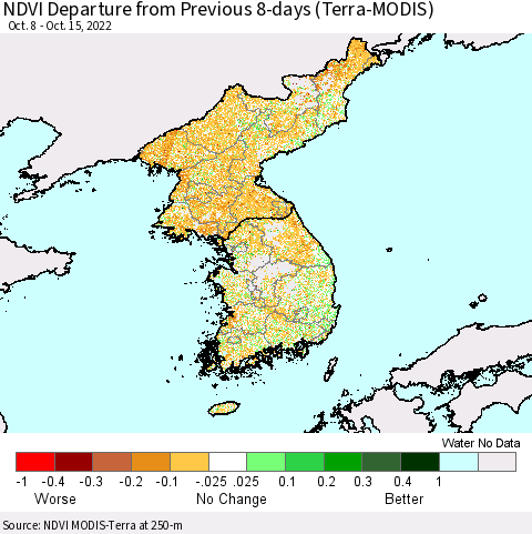 Korea NDVI Departure from Previous 8-days (Terra-MODIS) Thematic Map For 10/8/2022 - 10/15/2022