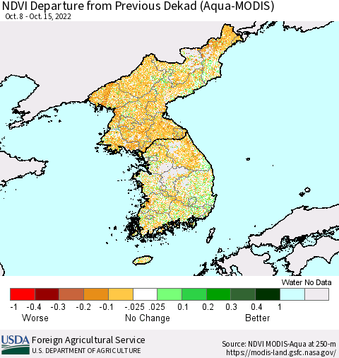 Korea NDVI Departure from Previous Dekad (Terra-MODIS) Thematic Map For 10/11/2022 - 10/20/2022