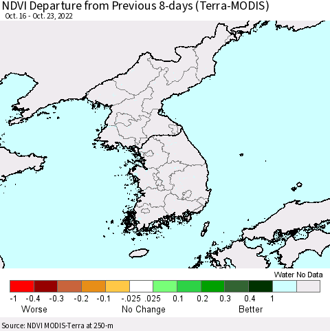 Korea NDVI Departure from Previous 8-days (Terra-MODIS) Thematic Map For 10/16/2022 - 10/23/2022