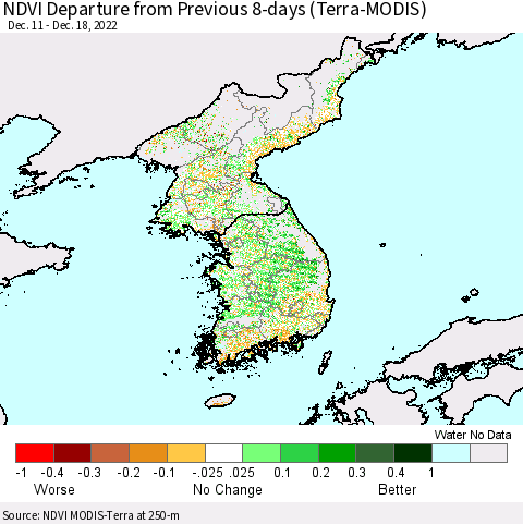 Korea NDVI Departure from Previous 8-days (Terra-MODIS) Thematic Map For 12/11/2022 - 12/18/2022