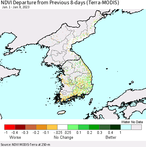 Korea NDVI Departure from Previous 8-days (Terra-MODIS) Thematic Map For 1/1/2023 - 1/8/2023