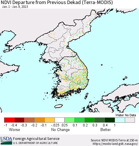 Korea NDVI Departure from Previous Dekad (Terra-MODIS) Thematic Map For 1/1/2023 - 1/10/2023