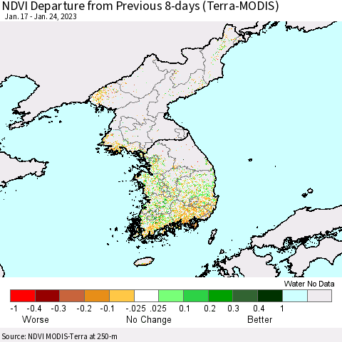 Korea NDVI Departure from Previous 8-days (Terra-MODIS) Thematic Map For 1/17/2023 - 1/24/2023