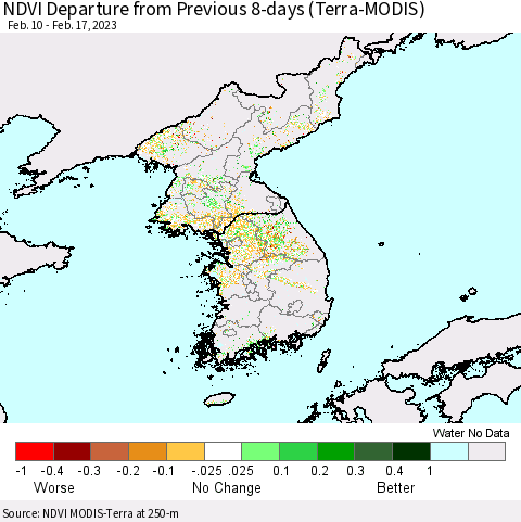 Korea NDVI Departure from Previous 8-days (Terra-MODIS) Thematic Map For 2/10/2023 - 2/17/2023