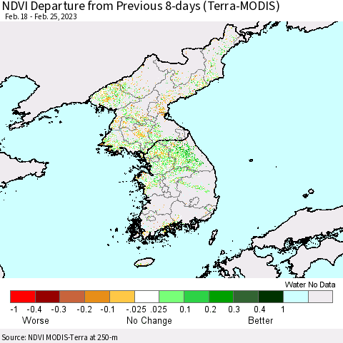 Korea NDVI Departure from Previous 8-days (Terra-MODIS) Thematic Map For 2/18/2023 - 2/25/2023