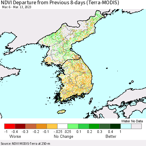 Korea NDVI Departure from Previous 8-days (Terra-MODIS) Thematic Map For 3/6/2023 - 3/13/2023
