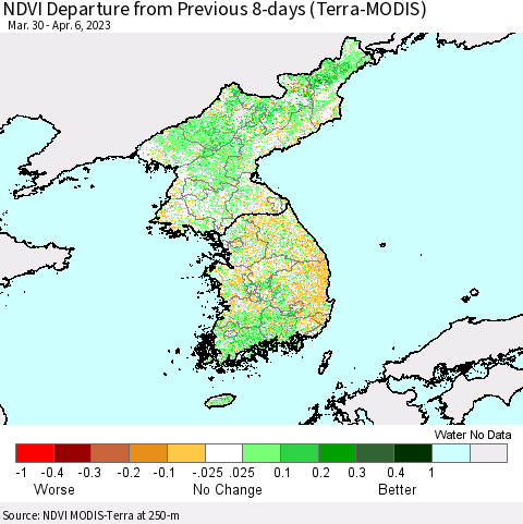 Korea NDVI Departure from Previous 8-days (Terra-MODIS) Thematic Map For 3/30/2023 - 4/6/2023