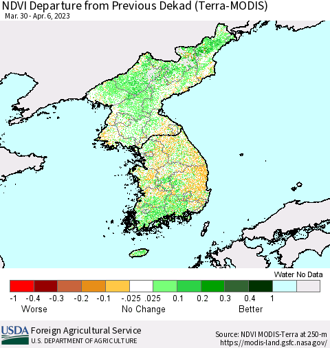 Korea NDVI Departure from Previous Dekad (Terra-MODIS) Thematic Map For 4/1/2023 - 4/10/2023