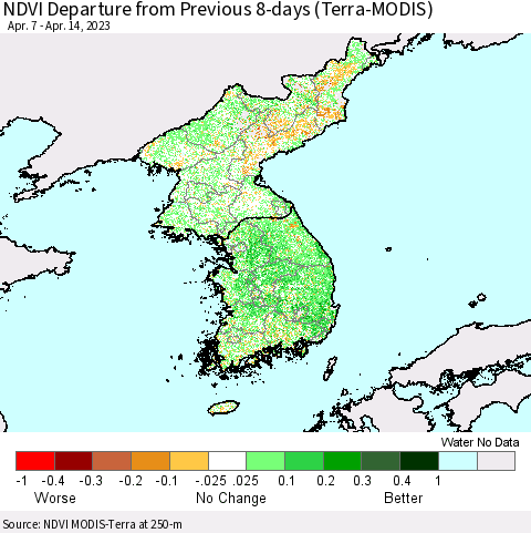 Korea NDVI Departure from Previous 8-days (Terra-MODIS) Thematic Map For 4/7/2023 - 4/14/2023