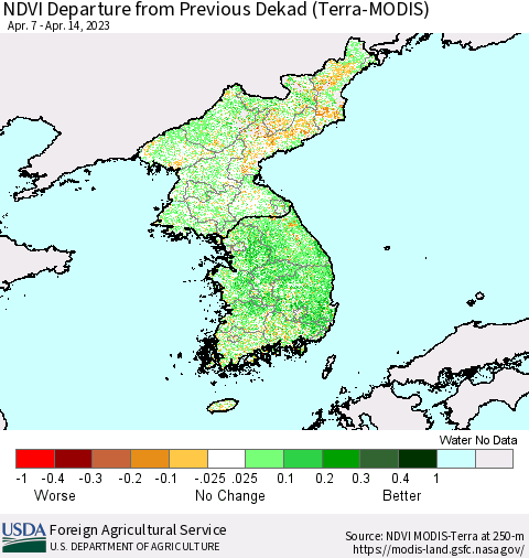 Korea NDVI Departure from Previous Dekad (Terra-MODIS) Thematic Map For 4/11/2023 - 4/20/2023