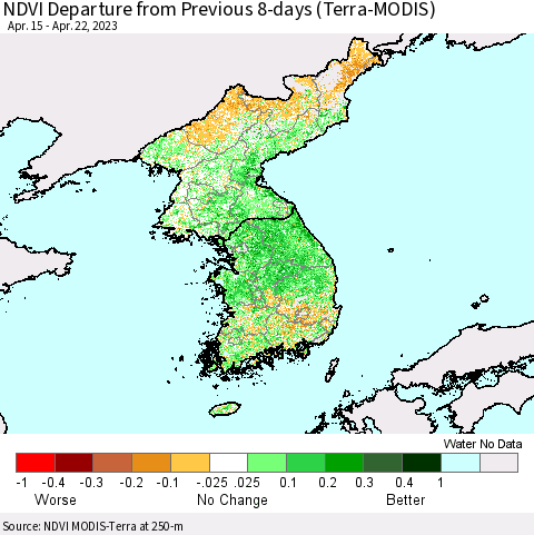 Korea NDVI Departure from Previous 8-days (Terra-MODIS) Thematic Map For 4/15/2023 - 4/22/2023