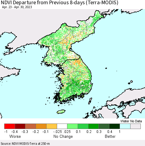 Korea NDVI Departure from Previous Dekad (Terra-MODIS) Thematic Map For 4/21/2023 - 4/30/2023