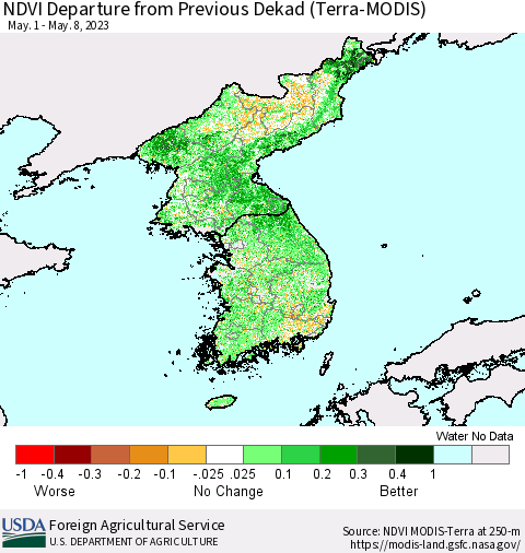 Korea NDVI Departure from Previous Dekad (Terra-MODIS) Thematic Map For 5/1/2023 - 5/10/2023