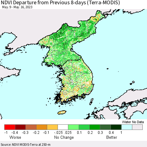 Korea NDVI Departure from Previous 8-days (Terra-MODIS) Thematic Map For 5/9/2023 - 5/16/2023