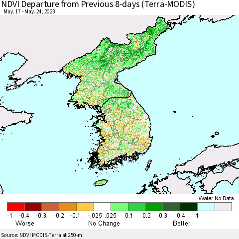 Korea NDVI Departure from Previous 8-days (Terra-MODIS) Thematic Map For 5/17/2023 - 5/24/2023