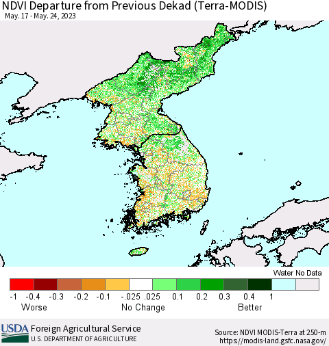 Korea NDVI Departure from Previous Dekad (Terra-MODIS) Thematic Map For 5/21/2023 - 5/31/2023
