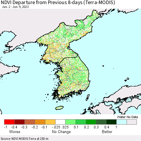 Korea NDVI Departure from Previous 8-days (Terra-MODIS) Thematic Map For 6/2/2023 - 6/9/2023
