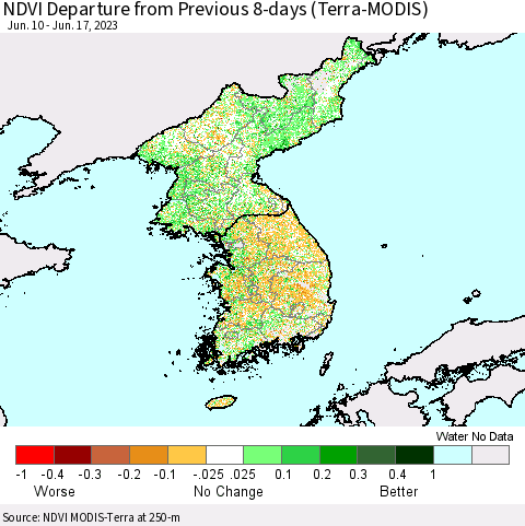 Korea NDVI Departure from Previous 8-days (Terra-MODIS) Thematic Map For 6/10/2023 - 6/17/2023