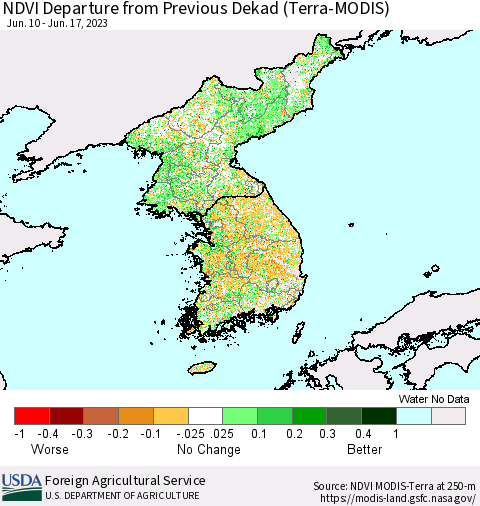 Korea NDVI Departure from Previous Dekad (Terra-MODIS) Thematic Map For 6/11/2023 - 6/20/2023
