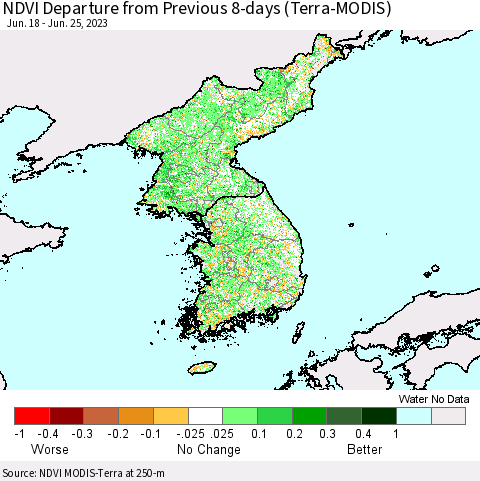 Korea NDVI Departure from Previous 8-days (Terra-MODIS) Thematic Map For 6/18/2023 - 6/25/2023