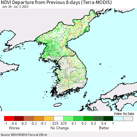 Korea NDVI Departure from Previous 8-days (Terra-MODIS) Thematic Map For 6/26/2023 - 7/3/2023
