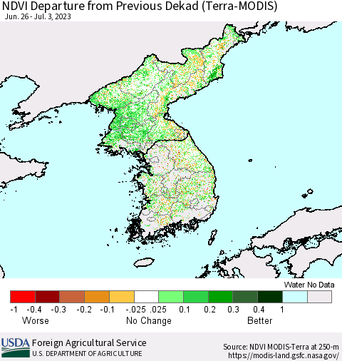 Korea NDVI Departure from Previous Dekad (Terra-MODIS) Thematic Map For 7/1/2023 - 7/10/2023