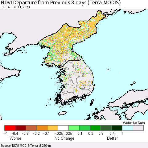 Korea NDVI Departure from Previous 8-days (Terra-MODIS) Thematic Map For 7/4/2023 - 7/11/2023