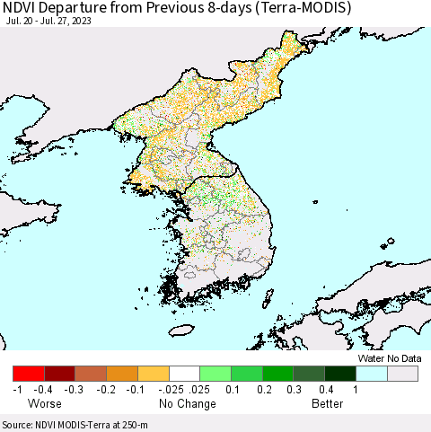 Korea NDVI Departure from Previous 8-days (Terra-MODIS) Thematic Map For 7/20/2023 - 7/27/2023