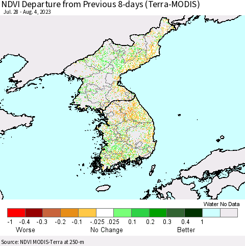 Korea NDVI Departure from Previous 8-days (Terra-MODIS) Thematic Map For 7/28/2023 - 8/4/2023