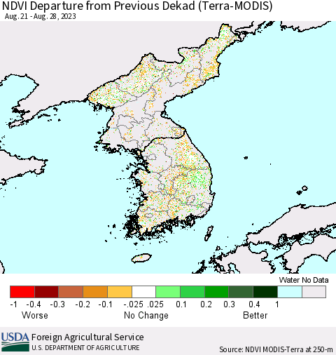 Korea NDVI Departure from Previous Dekad (Terra-MODIS) Thematic Map For 8/21/2023 - 8/31/2023