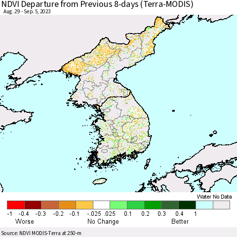 Korea NDVI Departure from Previous 8-days (Terra-MODIS) Thematic Map For 8/29/2023 - 9/5/2023