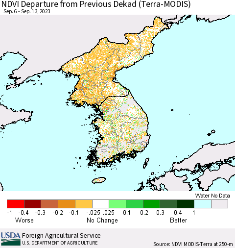 Korea NDVI Departure from Previous Dekad (Terra-MODIS) Thematic Map For 9/11/2023 - 9/20/2023