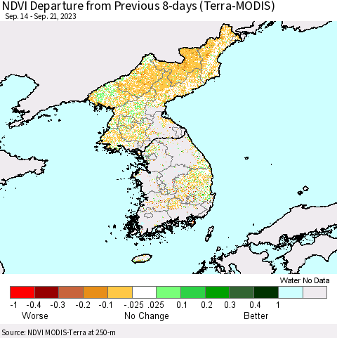 Korea NDVI Departure from Previous 8-days (Terra-MODIS) Thematic Map For 9/14/2023 - 9/21/2023