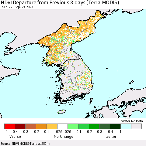 Korea NDVI Departure from Previous 8-days (Terra-MODIS) Thematic Map For 9/22/2023 - 9/29/2023