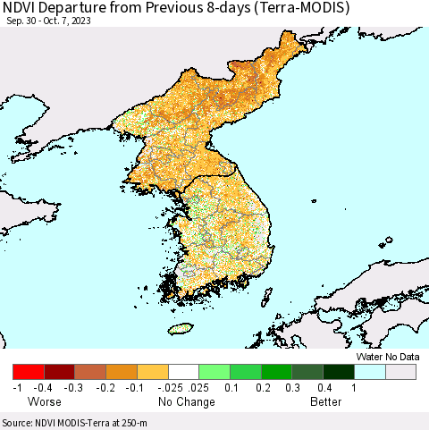 Korea NDVI Departure from Previous 8-days (Terra-MODIS) Thematic Map For 9/30/2023 - 10/7/2023