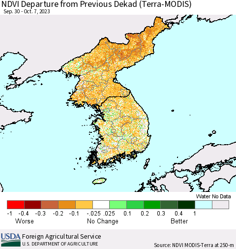 Korea NDVI Departure from Previous Dekad (Terra-MODIS) Thematic Map For 10/1/2023 - 10/10/2023