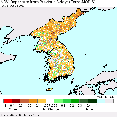 Korea NDVI Departure from Previous 8-days (Terra-MODIS) Thematic Map For 10/8/2023 - 10/15/2023