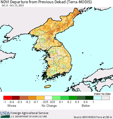 Korea NDVI Departure from Previous Dekad (Terra-MODIS) Thematic Map For 10/11/2023 - 10/20/2023