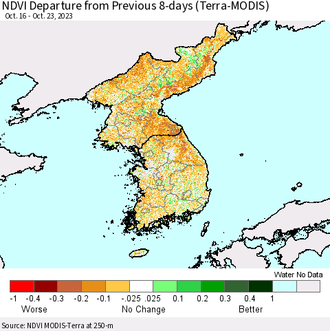 Korea NDVI Departure from Previous 8-days (Terra-MODIS) Thematic Map For 10/16/2023 - 10/23/2023